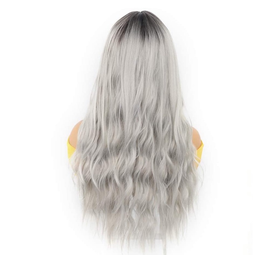 26” Dark Roots Ombre Gray Curly Synthetic Wig - Picture 6 of 6